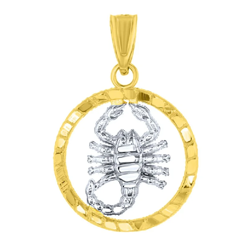 Textured 14k Yellow Gold Round Scorpion Charm Scorpio Zodiac Pendant Necklace