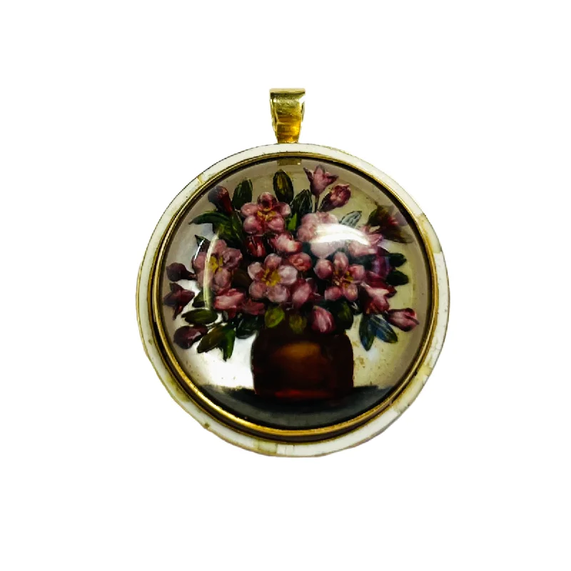 Victorian 18KT Yellow Gold Rock Crystal, Enamel & Mother of Pearl Pendant