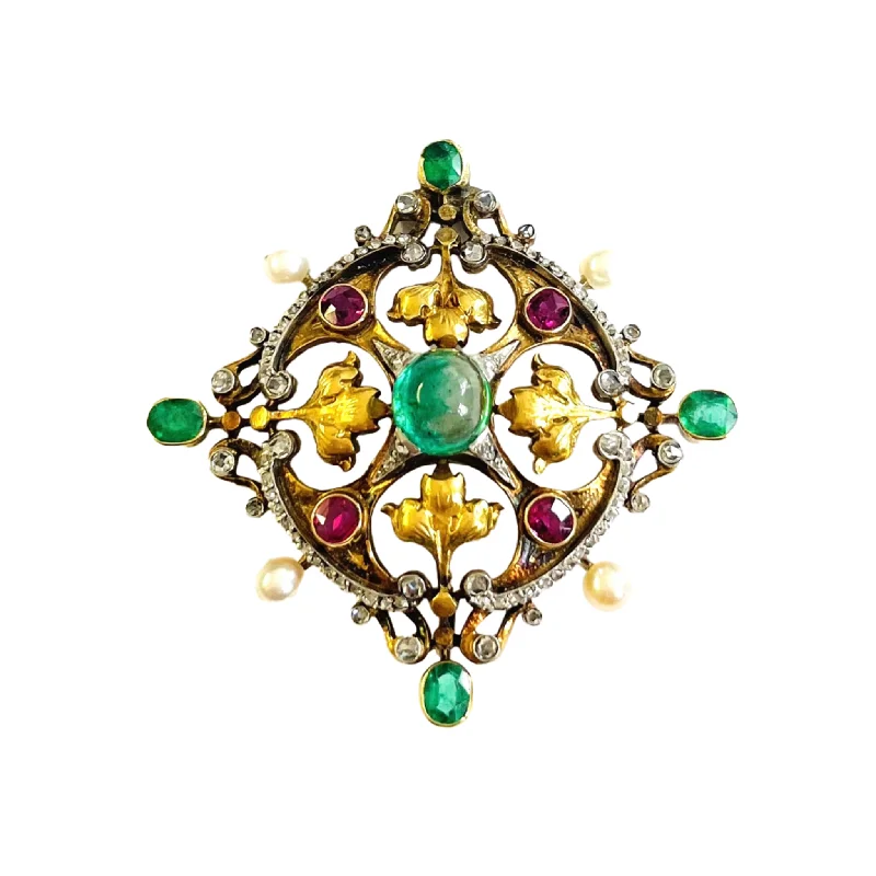 Victorian Silver & 18KT Yellow Gold Emerald, Diamond, Natural Pearl & Ruby Pendant